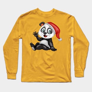 Happy Panda with a Red Christmas Hat. Cute Cartoon Panda . Happy Animals Set Long Sleeve T-Shirt